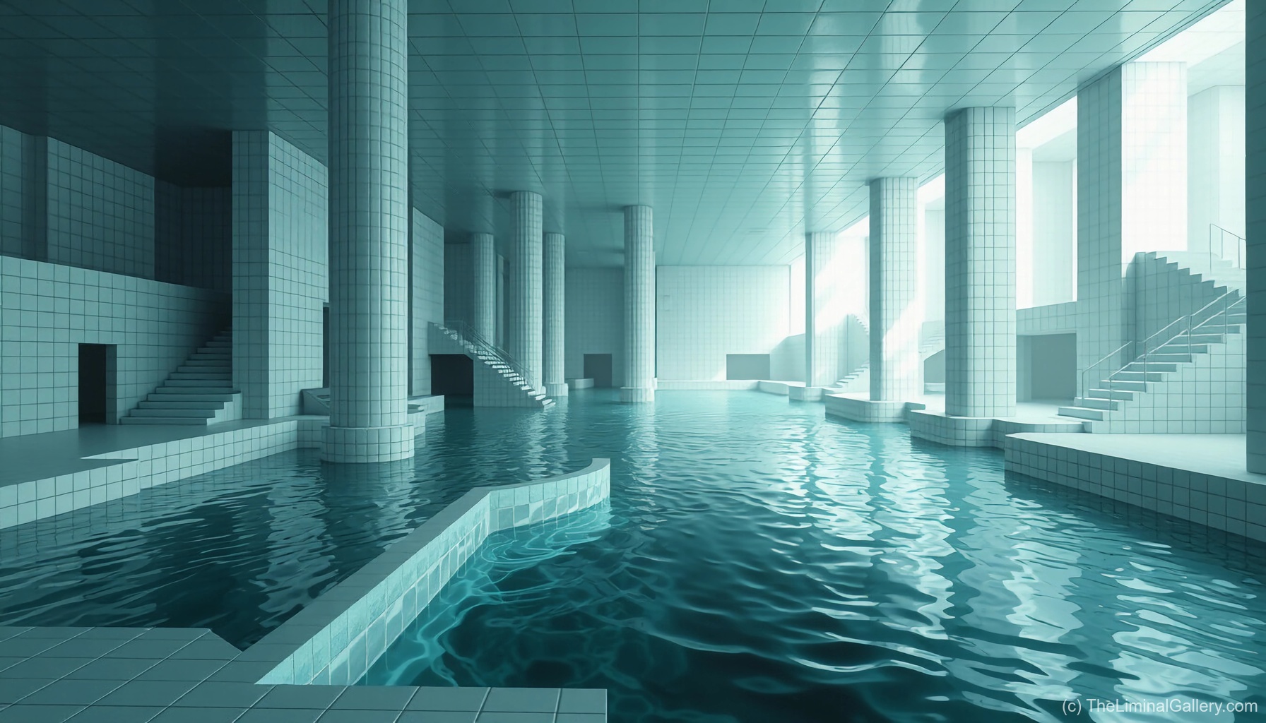 Serene yet eerie poolrooms in Level 37, Sublimity, embody the iconic aquatic liminal aesthetic.